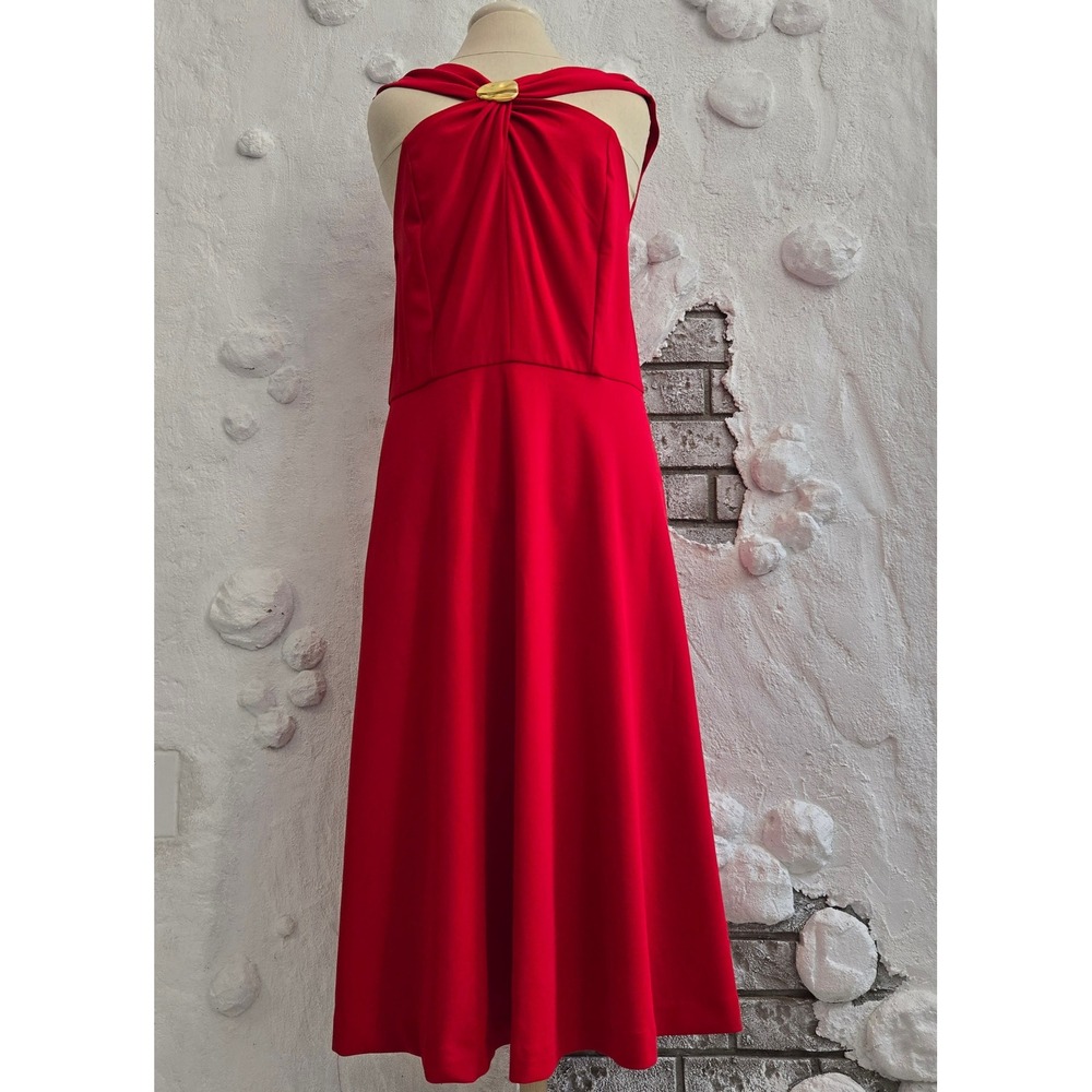 Elegant Red Halter Midi Dress with Gold Hardware Accent A-Line Formal Dress - Picture 2 of 16